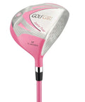 Pink Junior Girls Golf Set V3 With Oversized 15 Degree Driver Cavity Back Irons And Matching Bag For Right Handed Players Ages 4 To 7 Easy Grip Junior Flex Graphite Shafts Headcover Included, showing pink driver head with branding.