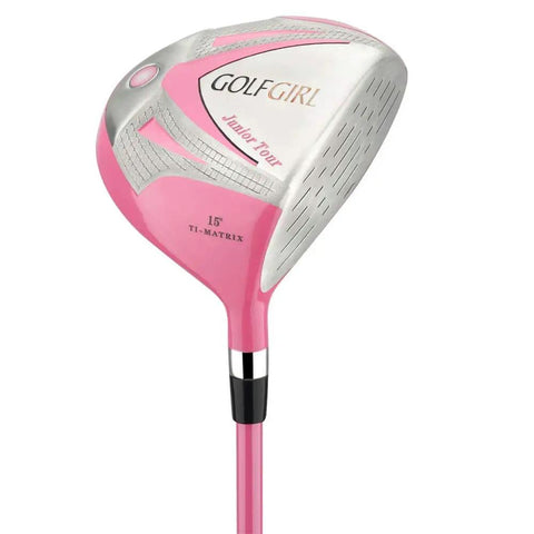 Pink Girls Junior Golf Set V3 driver with oversized head and 15° loft for ages 4 to 7, part of left-hand clubs and bag set
