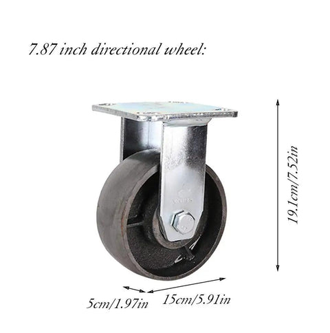 Heavy Duty Solid Cast Iron Caster Wheels Pack Of Four With Reinforced Ball Bearings showing a 7.87 inch directional wheel with a metal plate.