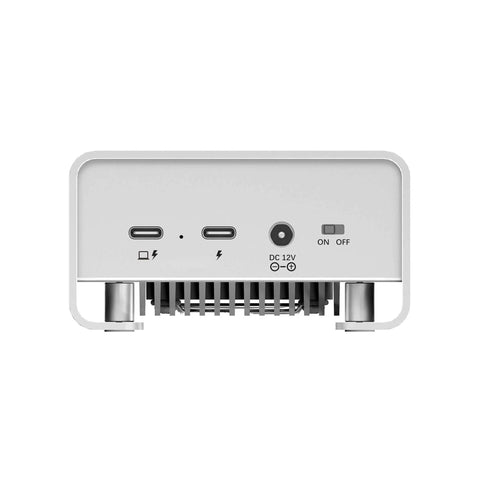 Rear view of the Grab This Top-Shelf Aluminum U.2 NVMe SSD Enclosure USB4 V2 showing USB ports and power switch.