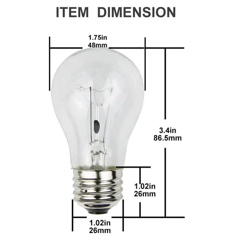 Four Pack A15 Oven Bulbs 40W 120V With E26 Base 2700K Warm White 330 Lumens High Temp Ready Up To 572F dimensions image