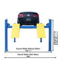 Commercial 4 Post Vehicle Alignment Lift With Heavy Duty Rotating Platforms And Secure Grip Flooring Designed For Daily Shop Use, blue frame with yellow platforms, dimensions shown.