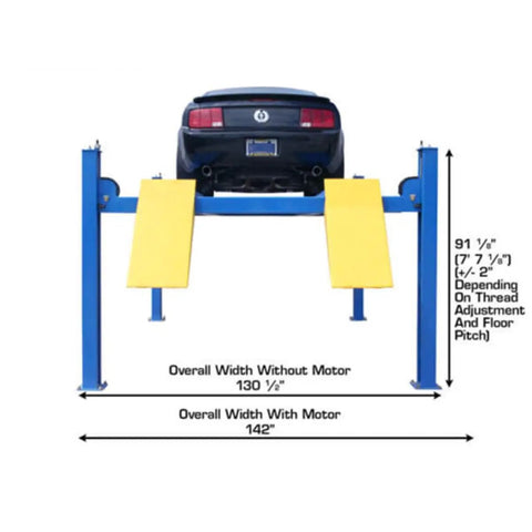 Commercial 4 Post Vehicle Alignment Lift With Heavy Duty Rotating Platforms And Secure Grip Flooring Designed For Daily Shop Use, blue frame with yellow platforms, dimensions shown.