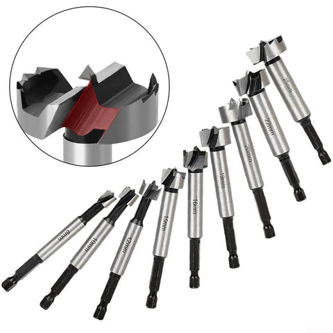 8mm hex-shank hinge-boring drill bit set in high-carbon steel for wood and plastics