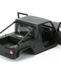 One Tenth Scale Hard Body Shell Kit Unassembled For RC Crawler Wrangler Pickup With Realistic Interior, Openable Doors, And Detail Grille 313mm Wheelbase DIY Build For Axial SCX10 II 90046 Orange Red showing rear and side with doors open.