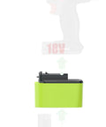 Real Deal Porter Cable To Ryobi Battery Adapter For Older 18 Volt Cordless Tools with green adapter showing snug fit design above tools.