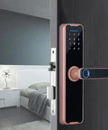 Smart Electronic Fingerprint Door Lock Sporting A Heavy Duty Stainless Steel Latch And App Driven Keyless Entry For Wooden Gates installed on a dark door.