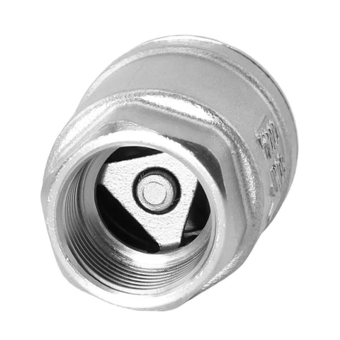 3/4-inch stainless steel threaded inline check valve, close-up interior with spring-loaded disc