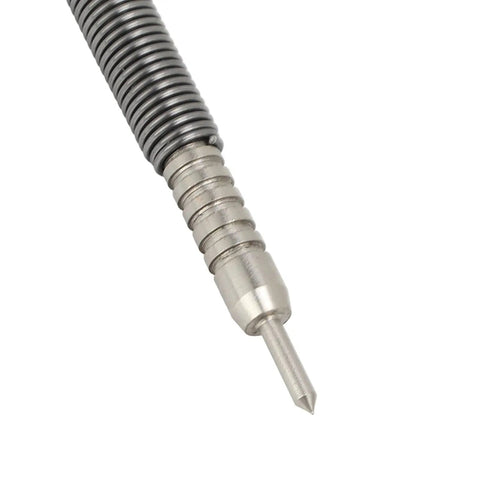 Close-up of the spring-loaded center punch from the Hammerless Punch And Chisel Set With Spring Loaded Center Punch For No Hammer Needed Door Pin Removal In Tight Spaces, Includes Hinge Pin Punch And Spring Nail Set Tools, NonMarking Surface Safe And Durable Hand Tools.