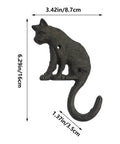 Heavy Duty Cast Iron Cat Wall Hooks Two Pack Featuring A Totally Badass Antique Dark Rust Finish Perfect For Holding Coats Keys And Furry Pet Leashes While Adding Killer Vintage Country Vibes To Your Space, showing a single hook measuring 6.29in by 3.42in.