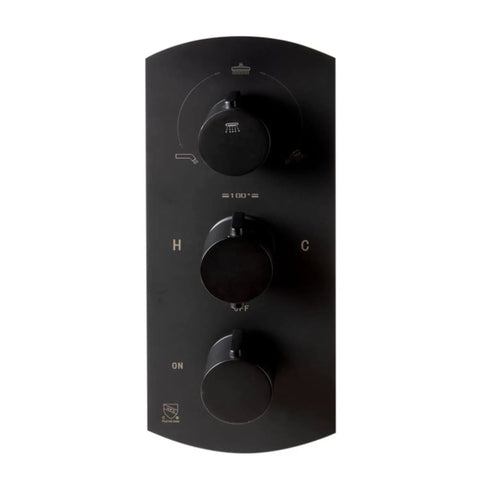 HomeStock Modern Thermostatic Shower System with Separate Temperature & Pressure Controls, Matte Black Finish control panel with knobs
