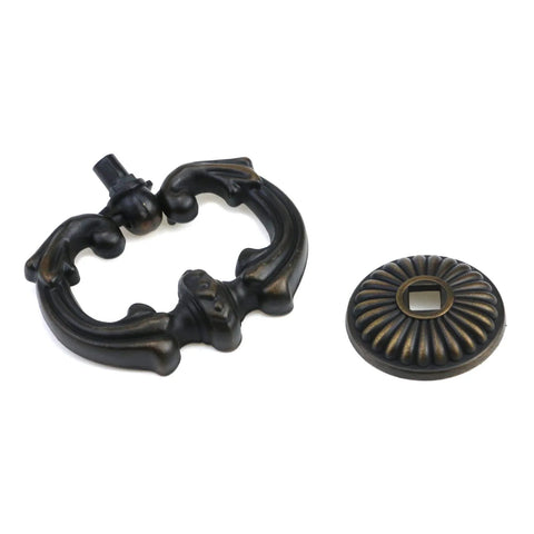 Vintage Antique Bronze Cabinet Pulls With French Provincial Style Single Hole Ring Handles, zinc alloy brass finish, disassembled view.
