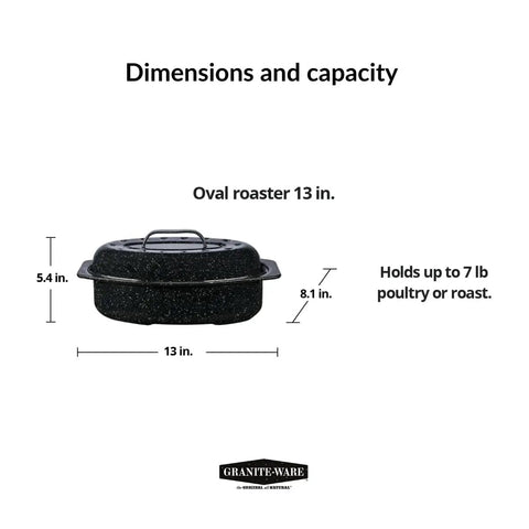 Dimensions of Oval 13 Inch Roaster With Lid Enameled Steel Pan That Holds Up To 7 Lb Poultry Or Roast Heat Resistant To 932°F