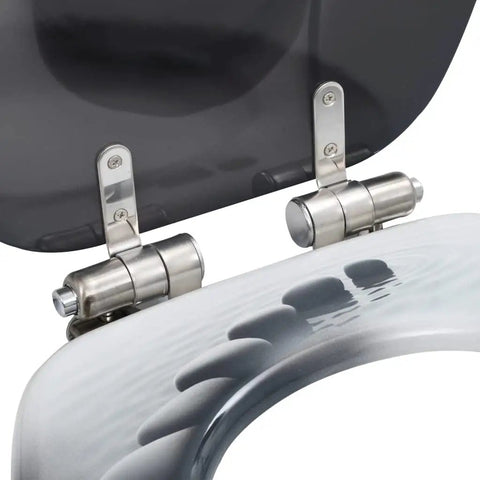 Premium Two Pack Mdf Toilet Seats Featuring Smooth Soft Close Lids And Rugged Zinc Alloy Hinges Trendy Stone Texture Finish view of hinges