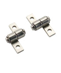 Pair of small metal 360-degree torque hinges with mounting plates and screw holes (angled view)