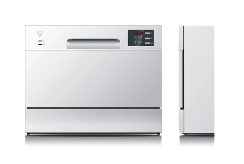 Top Shelf Compact Countertop Dishwasher Featuring Energy Star Efficiency Plus Delay Start Timer With Bright Led Interface built in sleek silver finish.