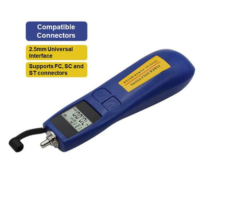 Fiber Optic Power Meter And Light Meter For Tech Pros Minus 70 To Plus 10 dBm 6 Calibrated Wavelengths Universal FC SC ST Interface