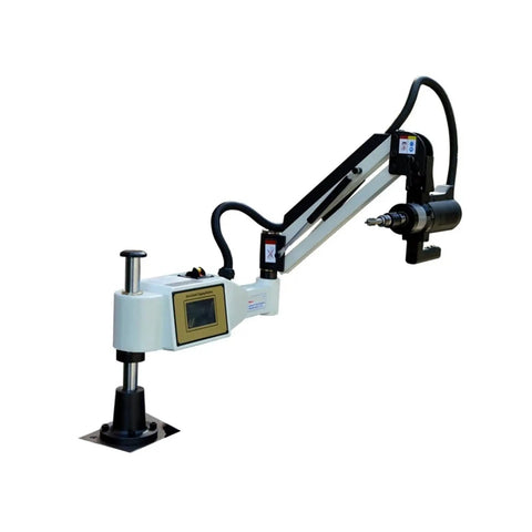 Universal Vertical Electric Tapping Machine For Metalworking, 220V Power, side view, arm extended, with DIN chuck.