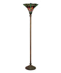 Stained Glass Dragonfly Torchiere Lamp With Bronze Finish featuring red, green, purple, yellow dragonflies and 70 cabochons