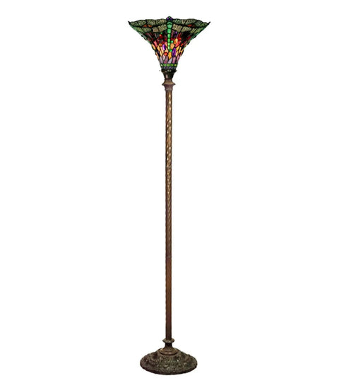 Stained Glass Dragonfly Torchiere Lamp With Bronze Finish featuring red, green, purple, yellow dragonflies and 70 cabochons