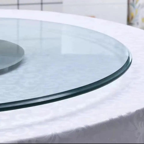 Close-up of Beefy 28 Inch Lazy Susan Rotating Turntable with Tempered Glass Top on Table