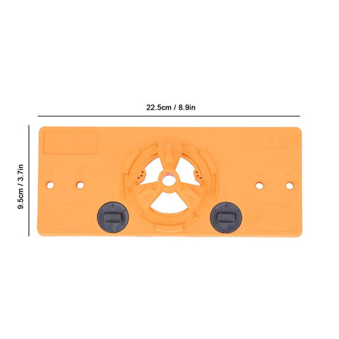 Get Ready For Serious Woodworking With This Ultimate Hinge Hole Saw Jig Set, orange jig with hinge locator, 22.5cm x 9.5cm.