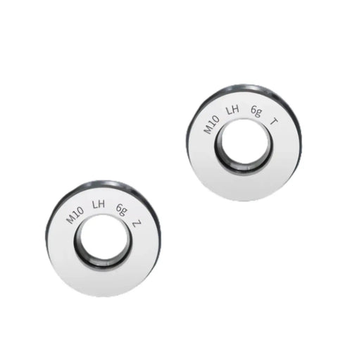 Left Metric Fine Tooth Thread Ring Gauge for Internal Threads, GR15 Bearing Steel, 58-65 HRC, two rings labeled M10 LH 6g Z and T