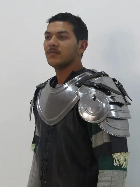 Medieval Gorget And Pauldrons Armor Set In Steel For Larp And SCA Knights, Battle Ready Viking Crusader Style Neck Protector.