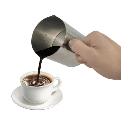 One-Touch Turkish Greek Armenian Coffee Maker For Home Use Stainless Steel Red 250ml pouring coffee into cup