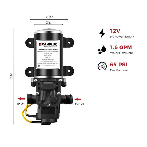 Front view of 12V DC Self Priming Water Pump with 1.6 GPM, 65 PSI, half-inch NPT, anti-vibration design, for RVs and boats.