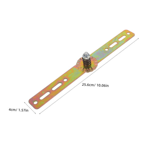 Heavy-duty adjustable hinge with precise measurements for secure furniture assembly.