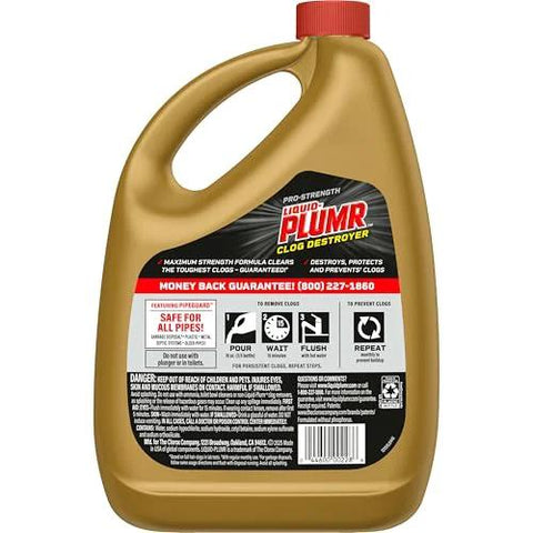 Front view of Clorox Liquid-Plumr Pro-Strength clog destroyer bottle, yellow container with red cap, 80 fl oz.