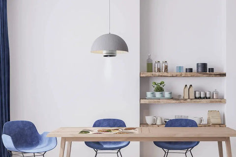 A stylish kitchen dining area with a Freestyle Socket Adapter Turns Any Table Or Floor Into A Screen, Compatible With E26 And E27 Home Sockets.