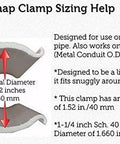 Cross-section of a clamp with 1.52-inch internal diameter and sizing details, suitable for 1-1/4 inch PVC and 1-1/2 inch EMT.