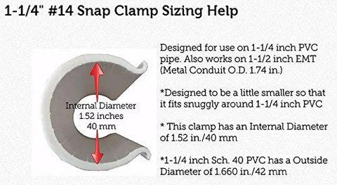 Cross-section of a clamp with 1.52-inch internal diameter and sizing details, suitable for 1-1/4 inch PVC and 1-1/2 inch EMT.