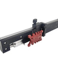 Dead On Precision Miter Gauge With Knockout Heavy Duty Aluminum Fence And Smooth Sliding Flip Stop For Table Saw And Router Assembly 450mm Tenon Block System And Jig, showing the aluminum fence and red flip stop.