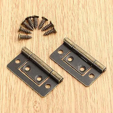 Antique Bronze Jewelry Box Hinges 38x20mm Two Pack Decorative Butt Hinges for Wood Boxes Cabinets and Doors with screws, vintage style.