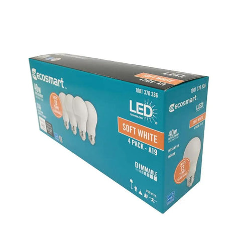 Box of Four Pack Dimmable LED A19 Bulbs Replacing 40W With 5.6W Soft White 2700K Long Lasting 15,000 Hours Energy Star Rated