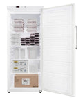 Heavy Duty Commercial Kitchen Workhorse Upright Freezer With Auto Defrost System For Twenty One Cubic Feet Storage with wire shelves and food packaging.