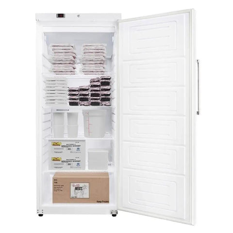 Heavy Duty Commercial Kitchen Workhorse Upright Freezer With Auto Defrost System For Twenty One Cubic Feet Storage with wire shelves and food packaging.