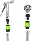 Five Piece Garden Hose Quick Connect Kit with plastic tap adapters, includes nozzles and connectors for easy leak free connections.