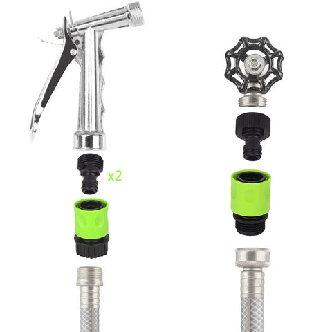 Five Piece Garden Hose Quick Connect Kit with plastic tap adapters, includes nozzles and connectors for easy leak free connections.