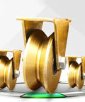 Four Pack Heavy Duty V Groove Caster Wheels Made From Thickened Steel For Industrial Trolleys And Sliding Door Track Systems With Rock Solid Load Rating And Smooth Rolling Action That Handles Heavy Loads Like A Champ, showcased with three steel casters.