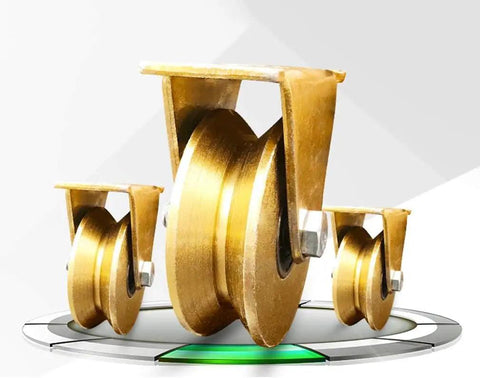 Four Pack Heavy Duty V Groove Caster Wheels Made From Thickened Steel For Industrial Trolleys And Sliding Door Track Systems With Rock Solid Load Rating And Smooth Rolling Action That Handles Heavy Loads Like A Champ, showcased with three steel casters.