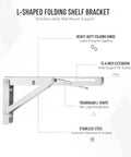 Space Saving Folding Shelf Bracket For Garage And Workshop, L Shaped Stainless Steel Wall Mount Support, 15.4 by 5.3 inch