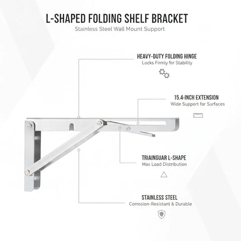 Space Saving Folding Shelf Bracket For Garage And Workshop, L Shaped Stainless Steel Wall Mount Support, 15.4 by 5.3 inch