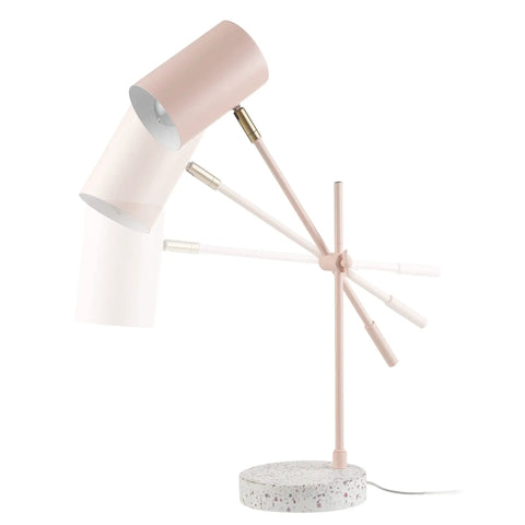 Playful Glam Desk Lamp With Adjustable Height And Balance Arm, Matte Pink Finish With Brass Accent And Terrazzo Base, side view