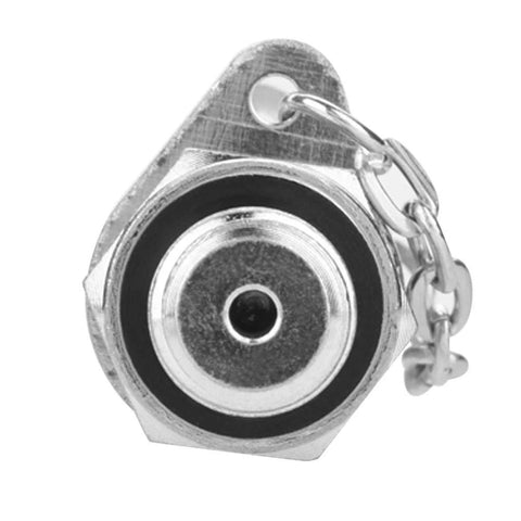 Close-up of a G1/4 hydraulic pressure test coupling adapter with hex body and chain