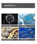 Cleanroom cloths applications panel showing delicate surfaces, microchips, precision instruments, semiconductors.