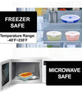 Indigo Collapsible Silicone Food Storage Container Set Of 8 BPA Free Microwave Safe Freezer Safe Dishwasher Safe Stackable Space Saving Meal Prep Containers For Leftovers On The Go in use - containers shown in microwave and freezer, highlighting temperature range -40°F to 230°F.